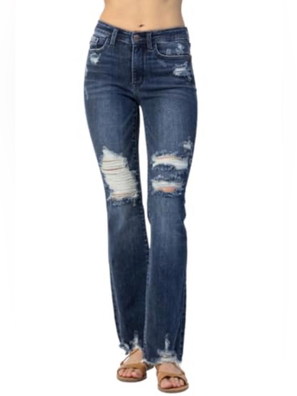 Judy Blue Distressed Slim Bootcut Denim Jeans Size 15/32 Raw Hem Stretch Hi Rise